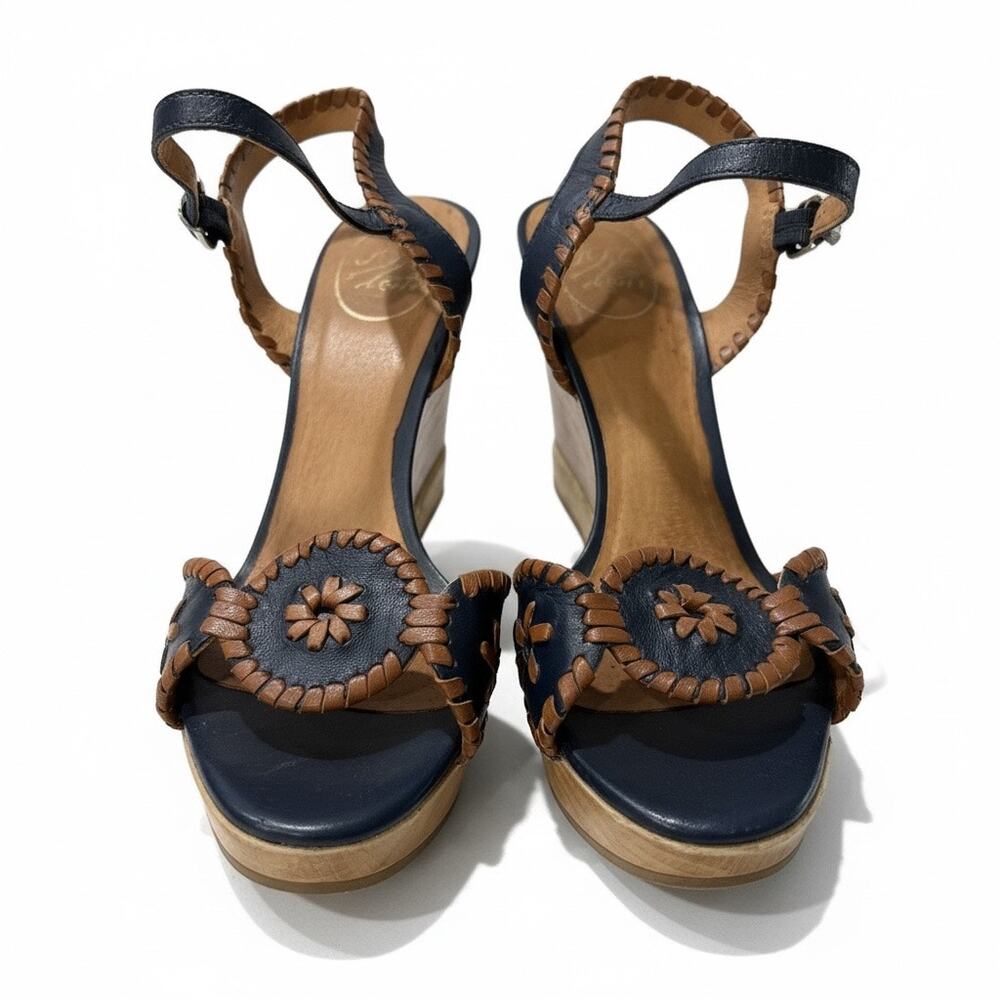 Jack Rogers Navy Leather Wedge Sandals Size 10 Coastal Resort Vacation Summer - Picture 2 of 6